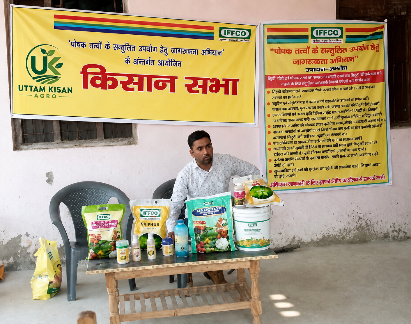 Kisan Sabha awareness programme of Uttam Kisan Agro with IFFCO fertiliser products on display